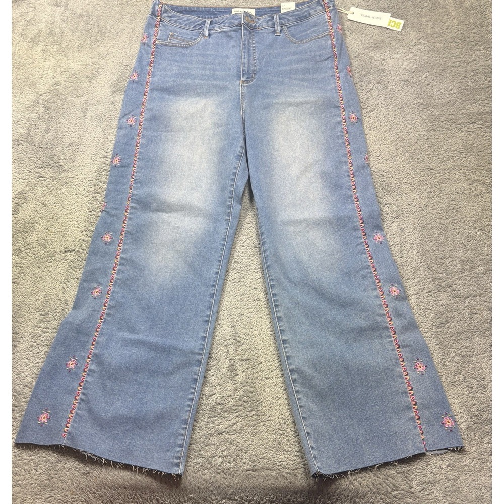 Tribal Jeans Womens 14 Wide Leg Embroidered Floral Blue Denim High Rise Boho Raw